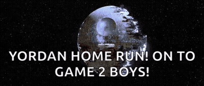 A Poster That Says ' Yordan Home Run On To Game 2 Boys ' On It GIF