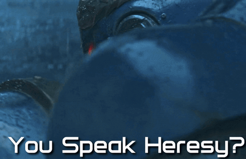 A Poster That Says You Speak Heresy With A Robot In The Background GIF