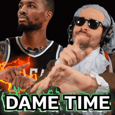 A Poster With A Basketball Player And A Man In A Wig With The Words Dame Time On It GIF