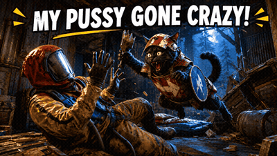 A Poster With A Cat In Armor And The Words " My Pussy Gone Crazy " GIF