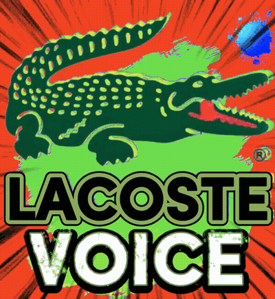 A Poster With A Crocodile And The Words Lacoste Voice Below It GIF