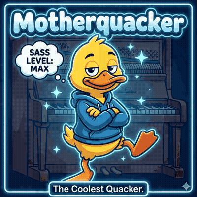 A Poster With A Duck And The Words Motherquacker On It GIF