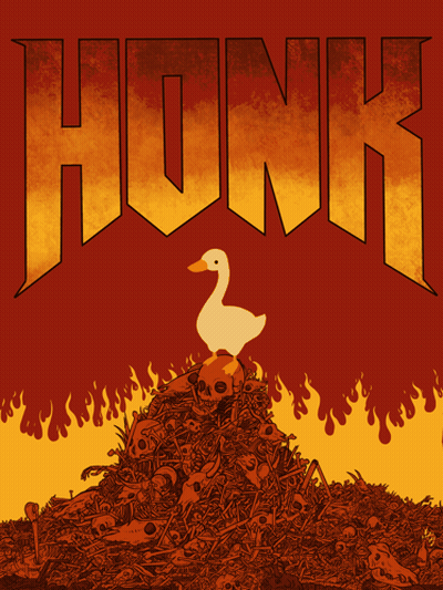 A Poster With A Duck On Top Of A Pile Of Skulls With The Word Honk Above It GIF