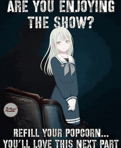 A Poster With A Girl Sitting In A Chair And The Words Are You Enjoying The Show GIF