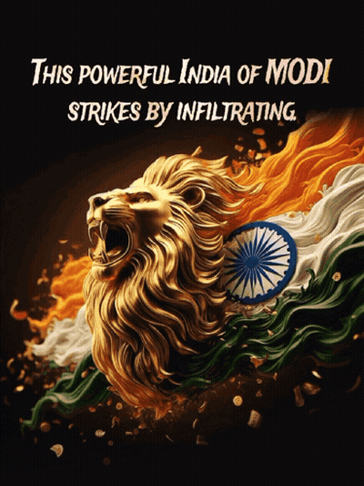 A Poster With A Lion And The Words " This Powerful India Of Modi Strikes By Infiltrating " GIF