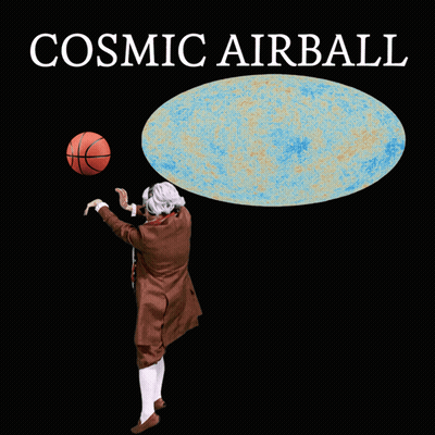 A Poster With A Man Throwing A Basketball And The Words Cosmic Airball On The Bottom GIF