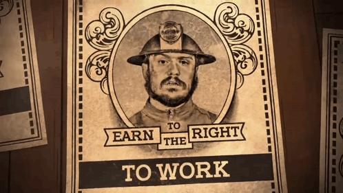 A Poster With A Man Wearing A Hard Hat That Says To Work GIF