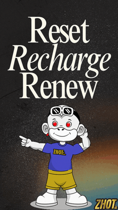A Poster With A Monkey And The Words Reset Recharge Renew On It GIF