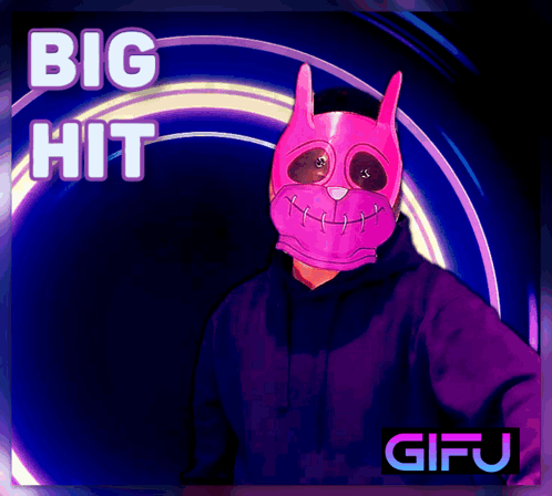 A Poster With A Pink Mask And The Words Big Hit Gifu GIF