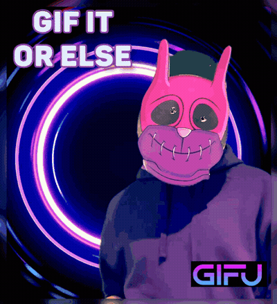 A Poster With A Pink Rabbit Mask And The Words " Gif It Or Else " GIF