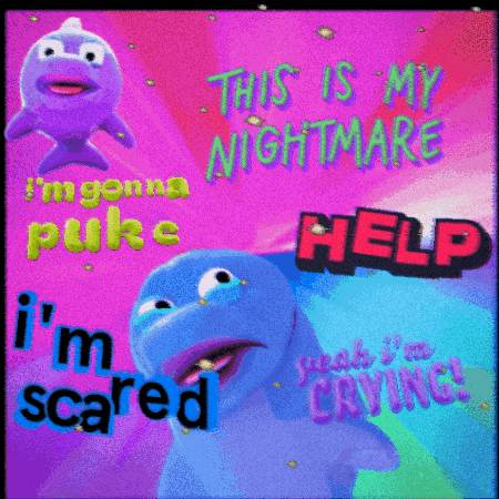 A Poster With A Purple Dolphin And The Words " This Is My Nightmare " GIF
