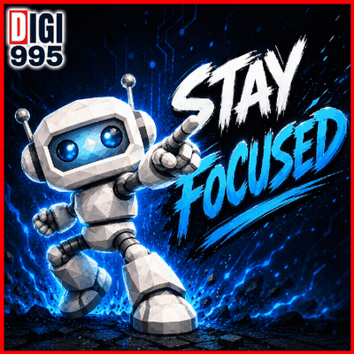 A Poster With A Robot And The Words Stay Focused On It GIF