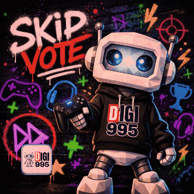 A Poster With A Robot Holding A Video Game Controller And The Words Skip Vote Written On It GIF