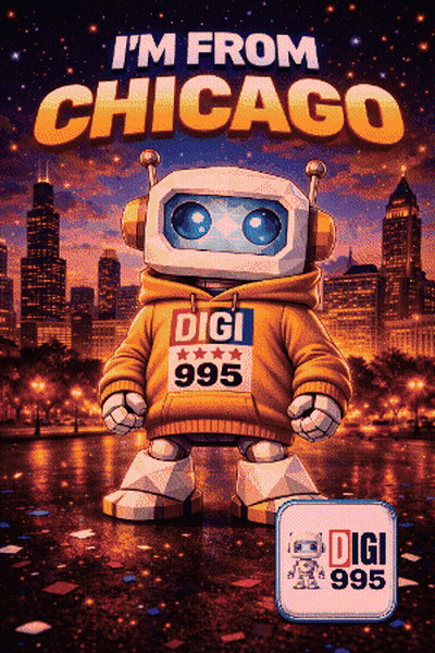 A Poster With A Robot Wearing A Hoodie That Says ' I 'M From Chicago ' GIF