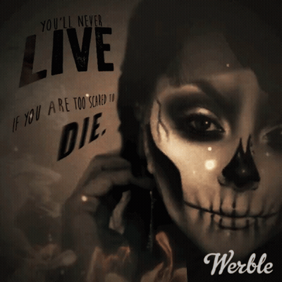 A Poster With A Skeleton And The Words You 'Ll Never Live If You Are Too Scared To Die GIF