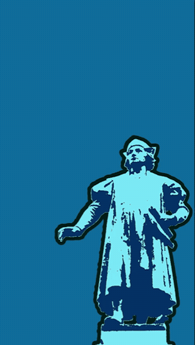 A Poster With A Statue And The Words Nous Ples In Yellow GIF