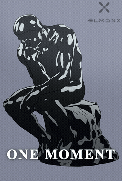 A Poster With A Statue Of A Man Sitting On A Rock With The Words One Moment Below It GIF