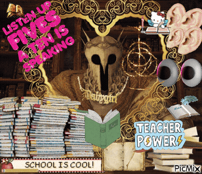 A Poster With A Statue Reading A Book And The Words Teacher Powers GIF