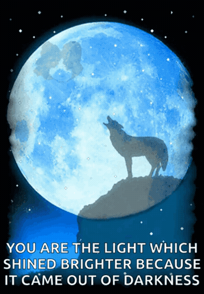 A Poster With A Wolf Howling In Front Of A Blue Full Moon GIF