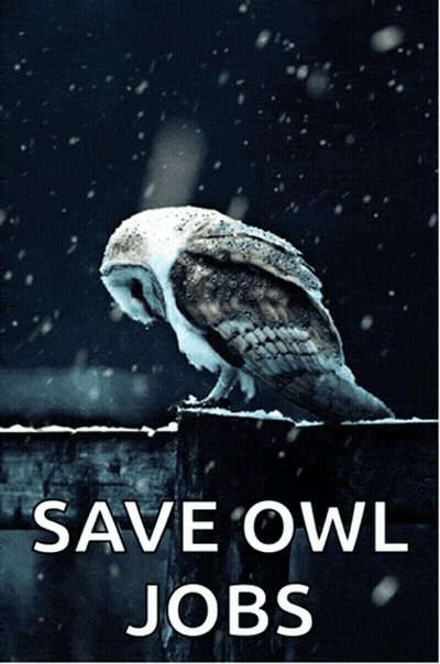 A Poster With An Owl And The Words Save Owl Jobs Below It GIF