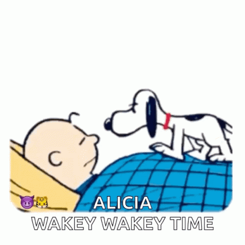 A Poster With Charlie Brown And Snoopy That Says Wake Up GIF