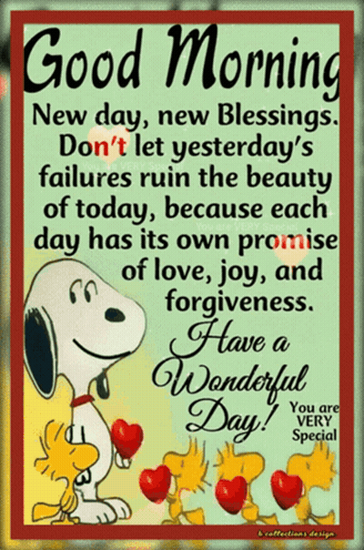 A Poster With Snoopy And Woodstock And The Words Good Morning New Day New Blessings GIF