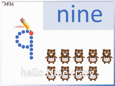 A Poster With The Number Nine And A Pencil And Bears GIF
