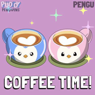 A Poster With Two Cups Of Coffee And The Words Coffee Time On It GIF