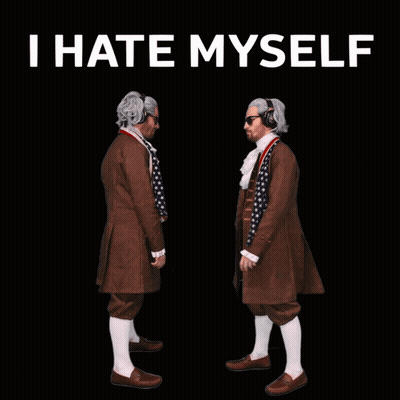 A Poster With Two Men In Costume And The Words I Hate Myself Above Them GIF