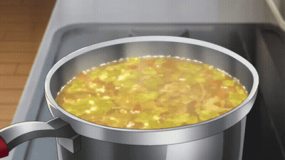 A Pot Of Soup Is Cooking On A Stove With Steam Coming Out Of It GIF