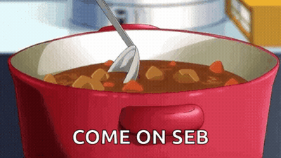 A Pot Of Stew With A Spoon In It And The Words `` Come On Seb '' Written On It . GIF