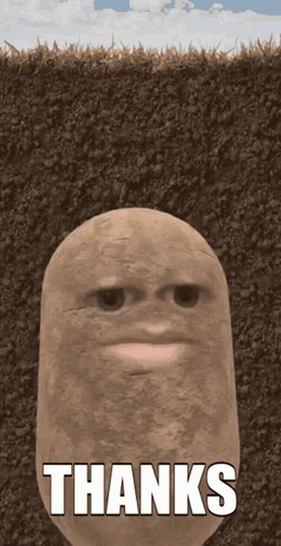 A Potato In The Dirt With The Words Thanks Written On It GIF