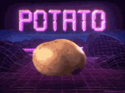 A Potato Is Sitting On Top Of A Purple Surface In Front Of A Neon Sign That Says Potato . GIF