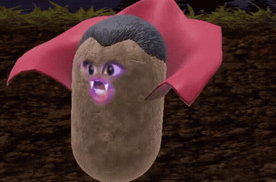 A Potato That Looks Like Dracula With Purple Eyes GIF