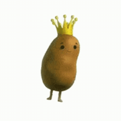 A Potato With A Crown On Its Head Is Standing On Two Legs . GIF