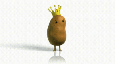 A Potato With A Crown On Its Head Is Walking On A White Surface . GIF