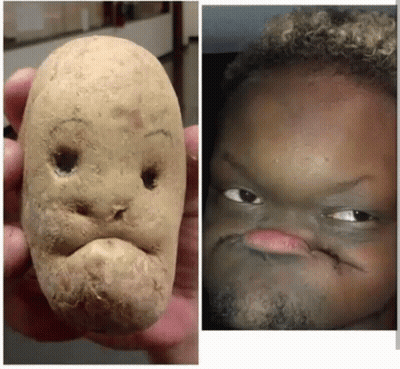 A Potato With A Face Drawn On It Next To A Picture Of A Child With A Beard GIF