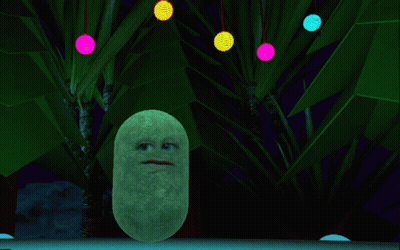 a potato with a face is standing in front of a tree with christmas lights hanging from it