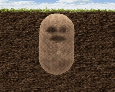 A Potato With A Face On It Is Laying In The Dirt GIF