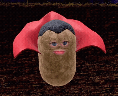 A Potato With A Man 'S Face And Blue Eyes Is Wearing A Red Cape GIF