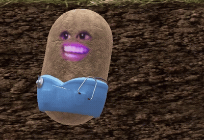 A Potato With A Purple Face And A Blue Shirt On GIF