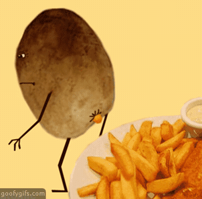 A Potato With Arms And Legs Is Standing Next To A Plate Of French Fries And A Bowl Of Dipping Sauce GIF