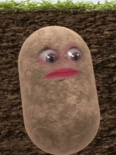 A Potato With Big Eyes And A Pink Lip Is In The Dirt GIF