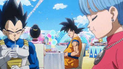 A Pregnant Goku Is Sitting At A Table With Other Characters GIF