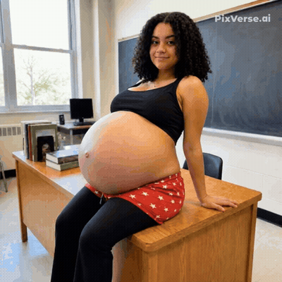 A Pregnant Woman Is Sitting On A Desk With Pixverse.ai Written On The Bottom GIF