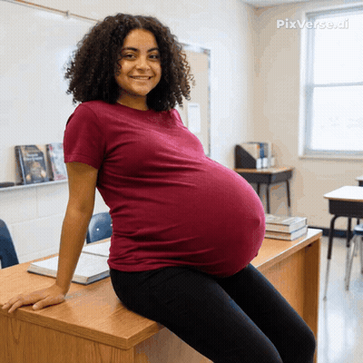 A Pregnant Woman Sits On A Desk In A Classroom With Pixverse.ai Written In The Corner GIF