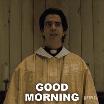 A Priest Says " Good Morning " In Front Of A Netflix Logo GIF