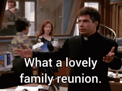 A Priest Says What A Lovely Family Reunion In Front Of A Group Of People GIF