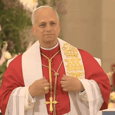 A Priest Wearing A Red Robe And White Stole With A Cross On It GIF