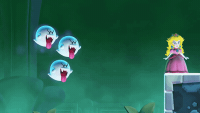 A Princess In A Pink Dress Stands In Front Of Three Ghosts With Their Tongues Out GIF